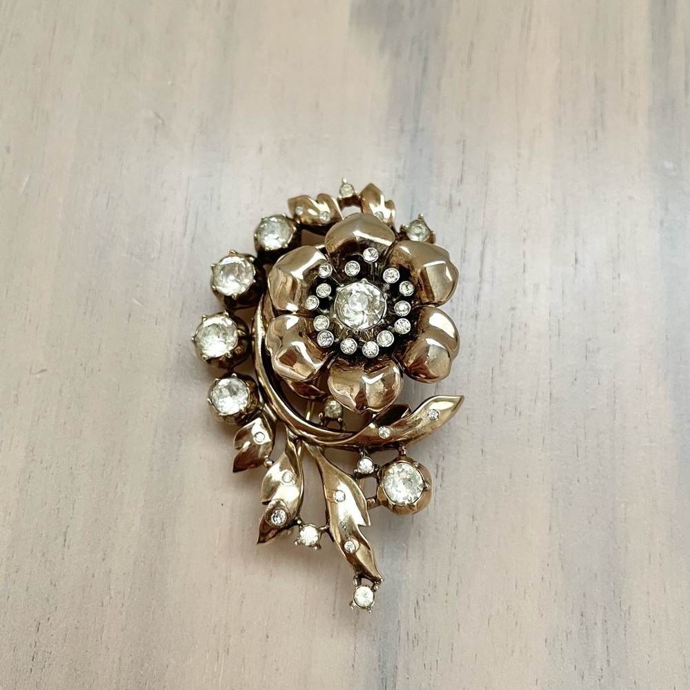 SOLD Trifari 'Alfred Philippe' Gold and Pave Climbing Rose Flower Swirl